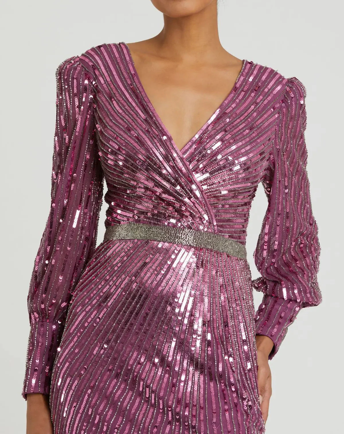 Purple Sequined Wrap Over Bishop Sleeve Gown