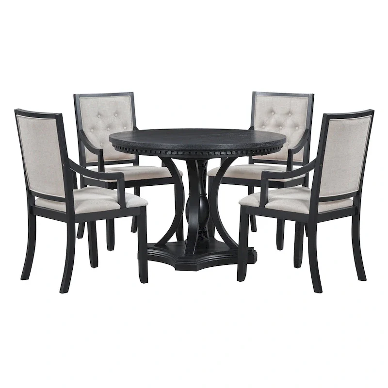 Retro 5-piece Dining Set with Extendable Round Table and 4 Chairs