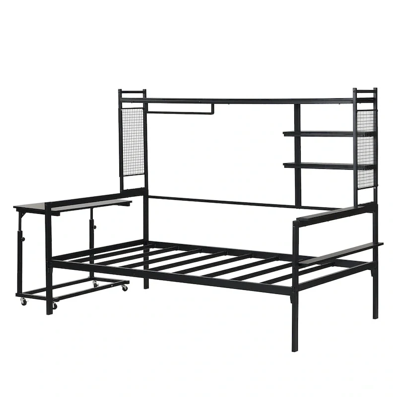 Metal Daybed with Movable Desk, Shelves and Clothes Hanger