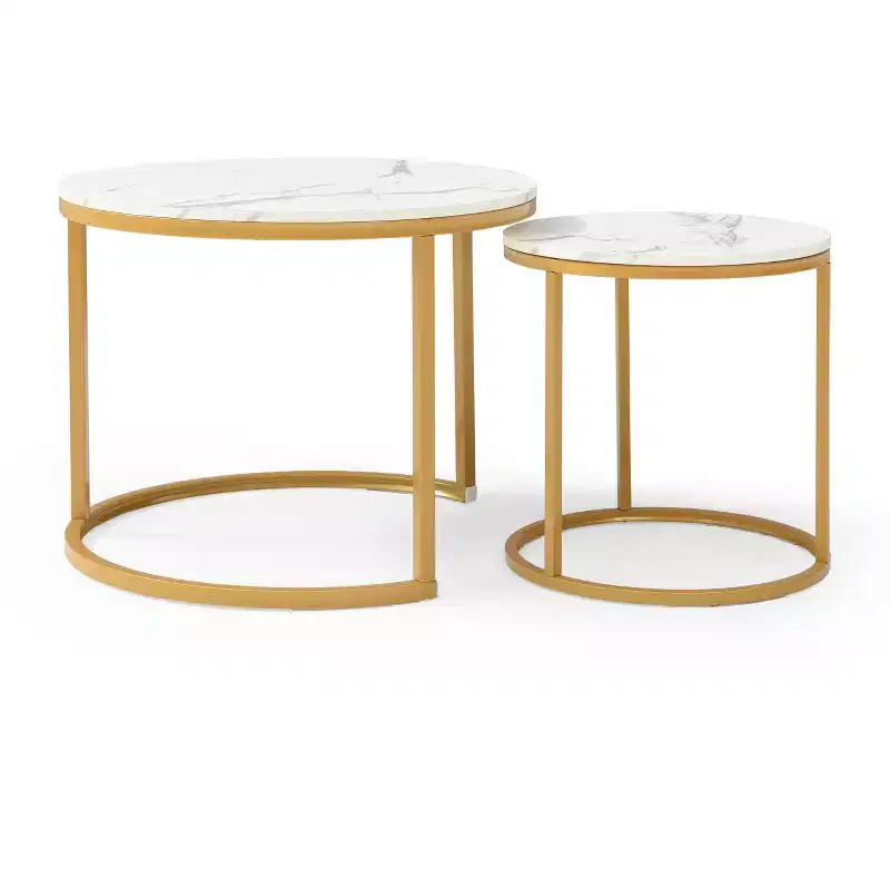 Set of 2 Nesting Coffee Tables  White & Gray Marble Top with Golden Frame, Round Wooden Tables for Living Room, Bedroom, Modern Industrial Nightstand
