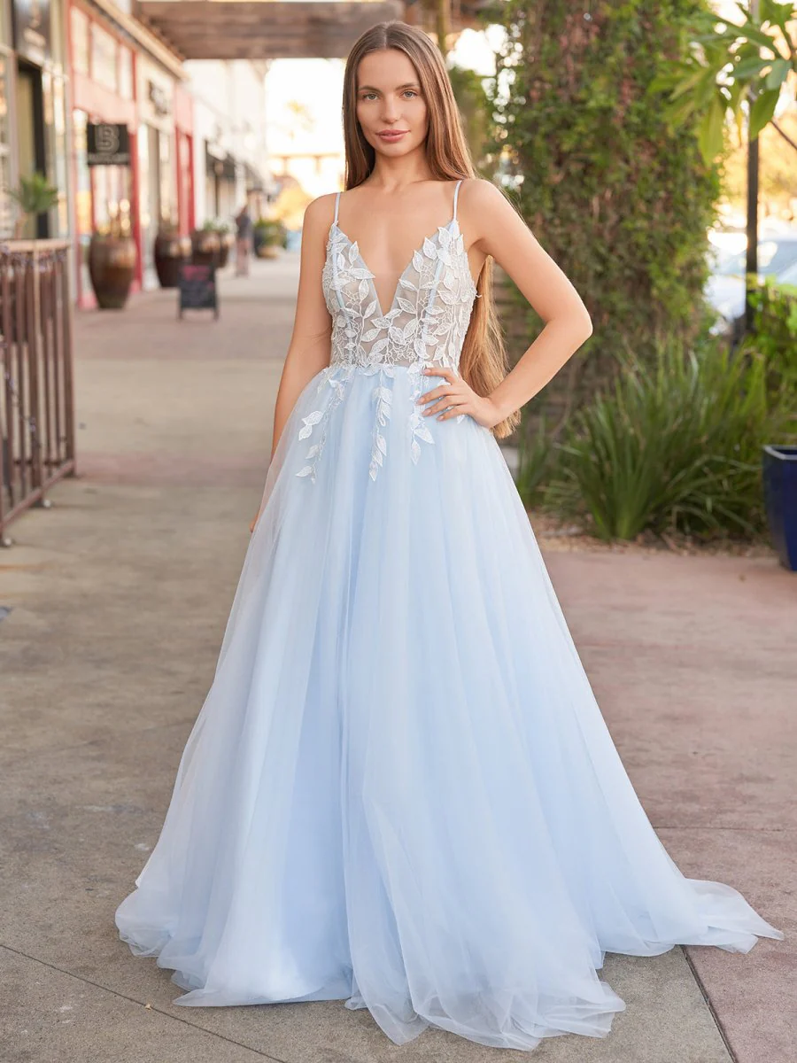 Light Blue V Neck Lace-Up Appliques Tulle Long Prom Dress