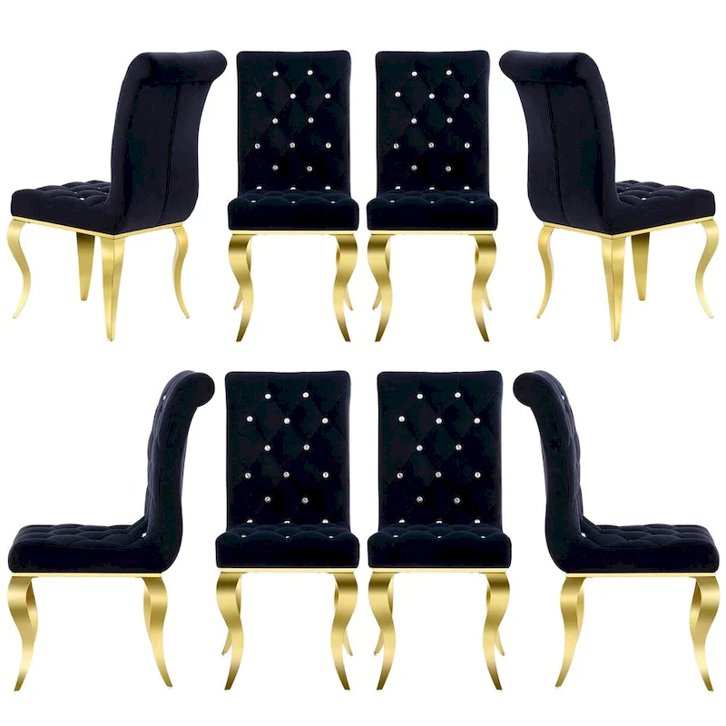Luxury Black Velvet Upholstered Dining Chairs with Polished Gold Legs