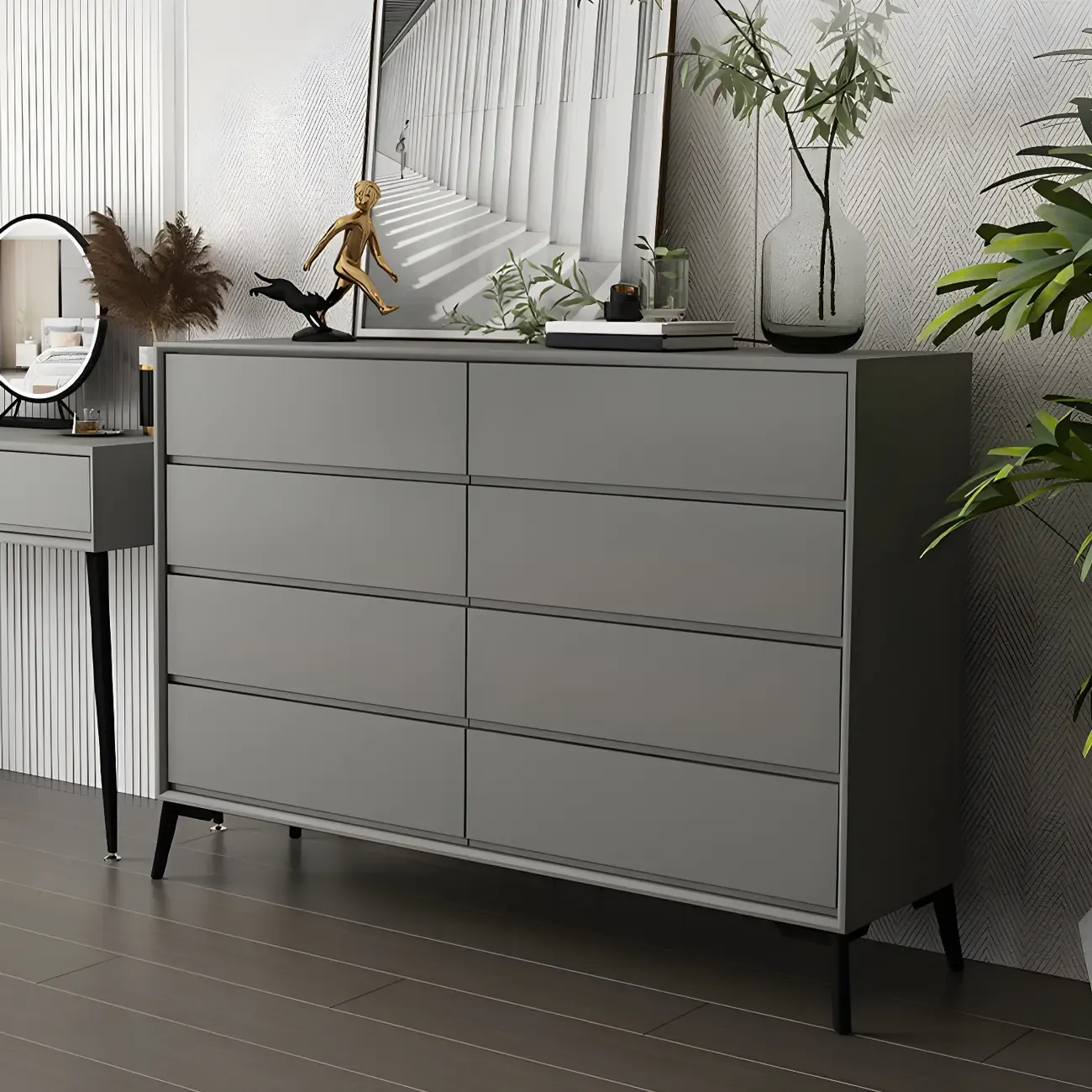 Minimalist  Gray 8 Drawers Solid Wood Dresser