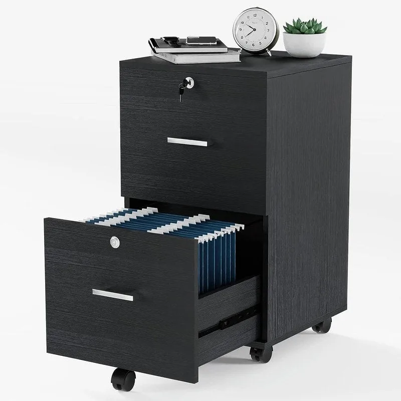 2-Drawer Rolling Wood File Cabinet with Lock