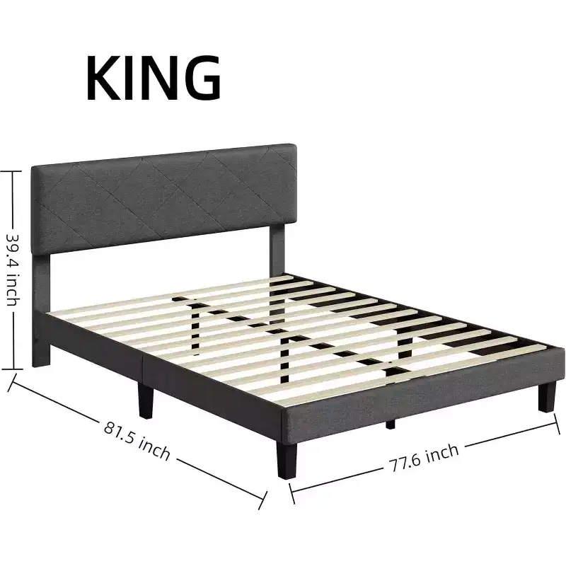 King Size Bed Frame with Upholstered Headboard, King Size Platform Bed Frame with Wooden Slat Support, No Box Spring Needed & Noise Free