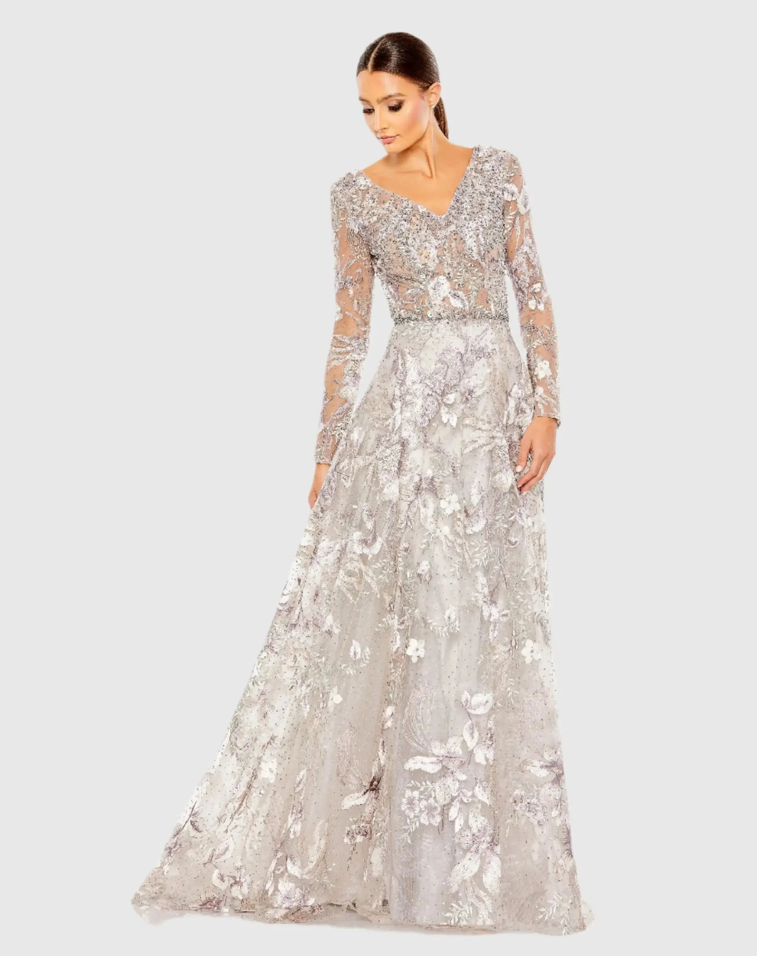 Multicolor Long Sleeve Beaded Applique Gown