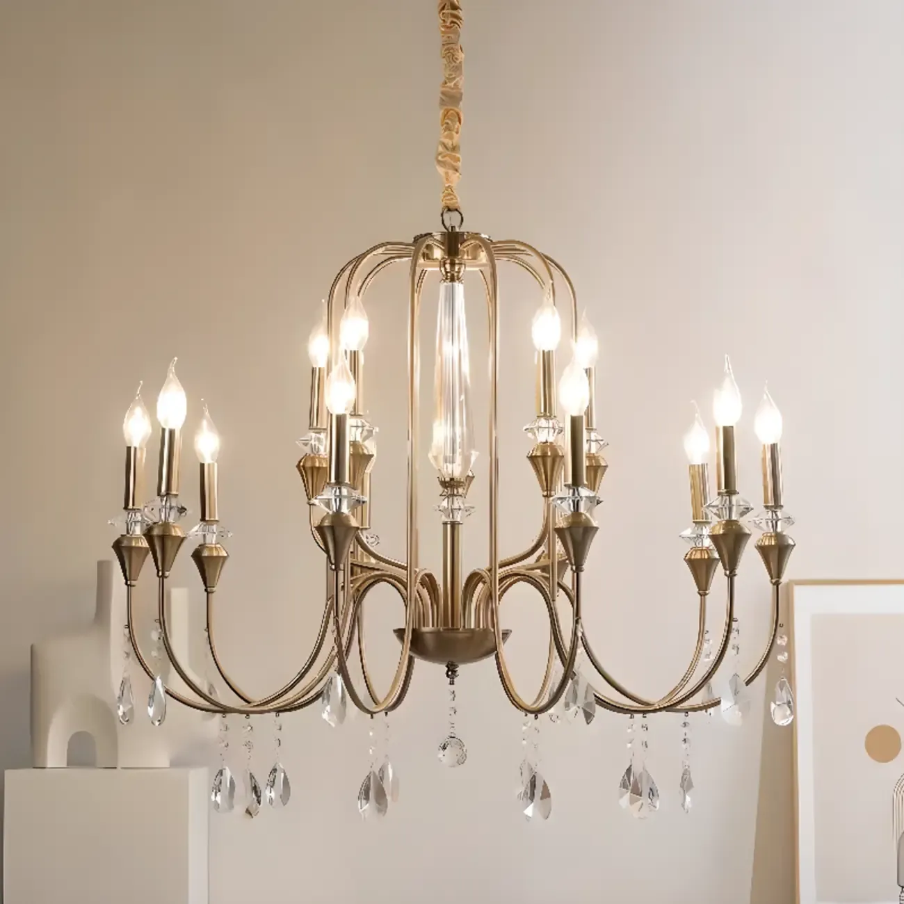 Mid-Century Modern Metallic Alloy Candle Chandelier with Crystal