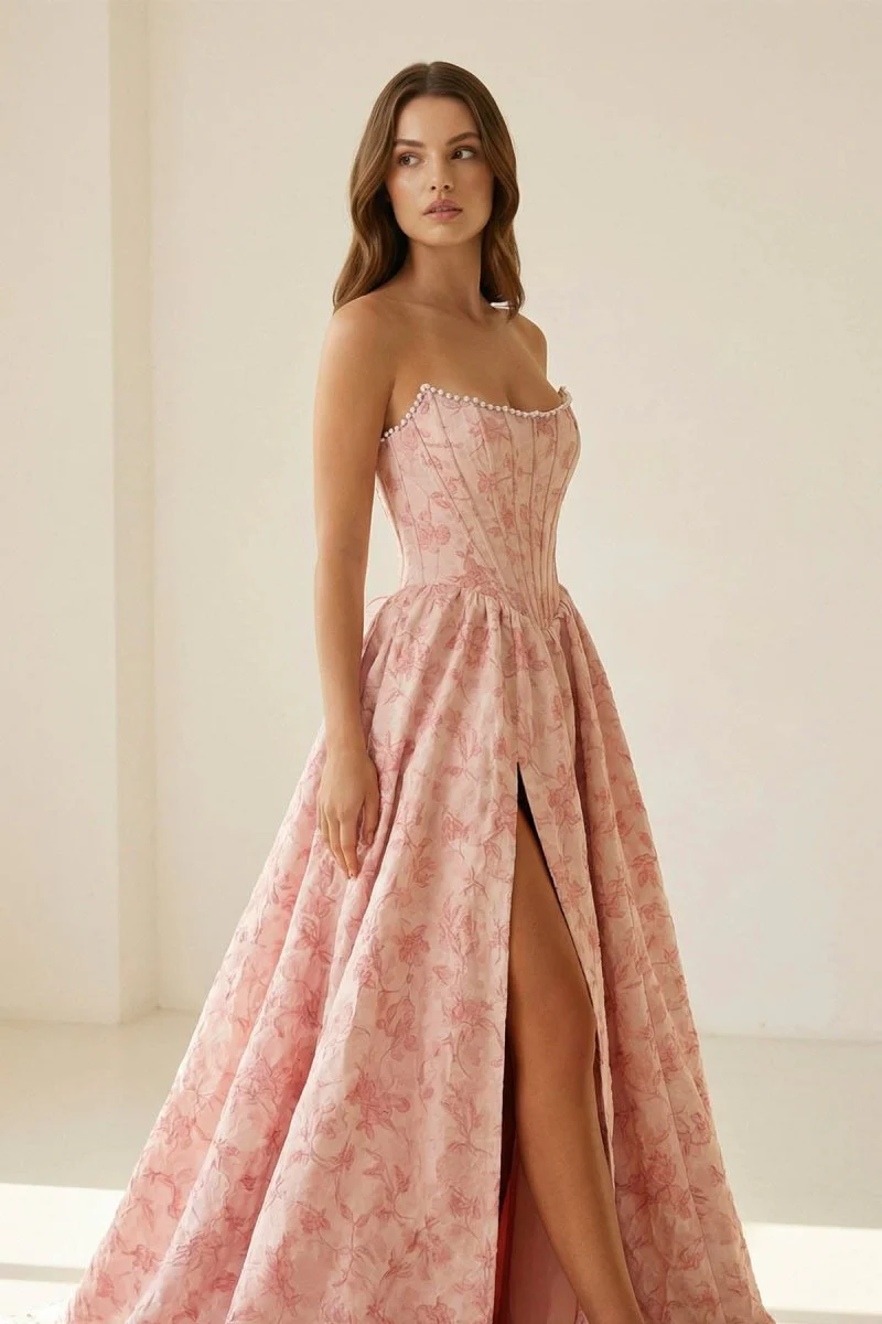Pink A Line Strapless Jacquard Long Prom Dresses With Slit