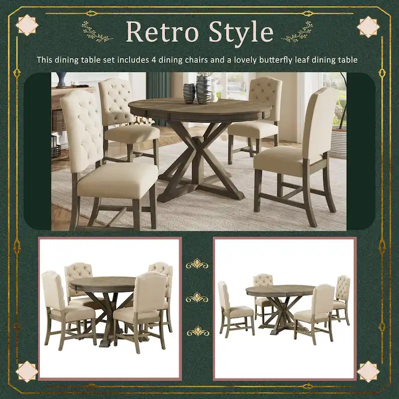 Dining Table Set with Extendable Table and 4 Upholstered Chairs