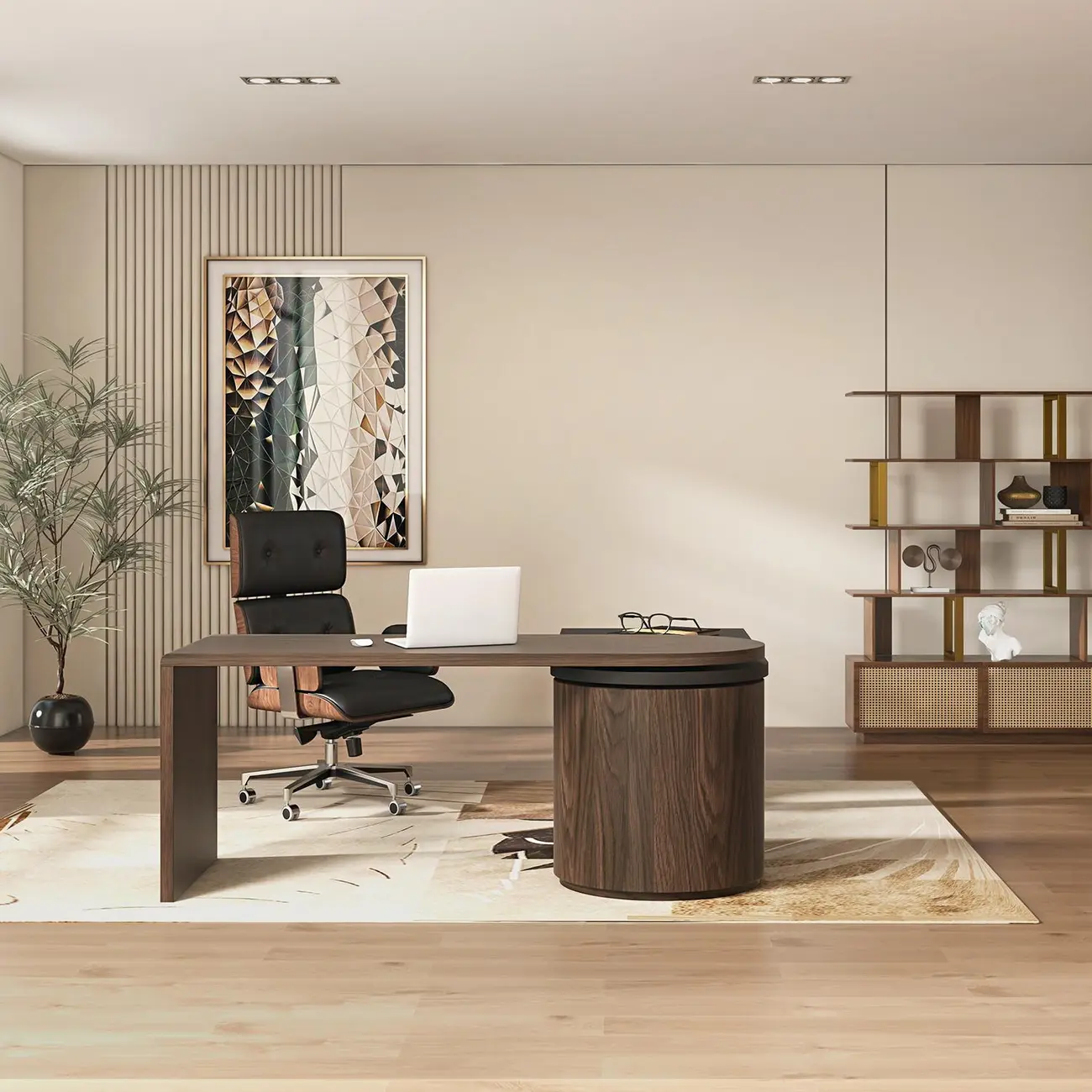 Modern Wood Leather Adjustable Swivel Black Executive Chair