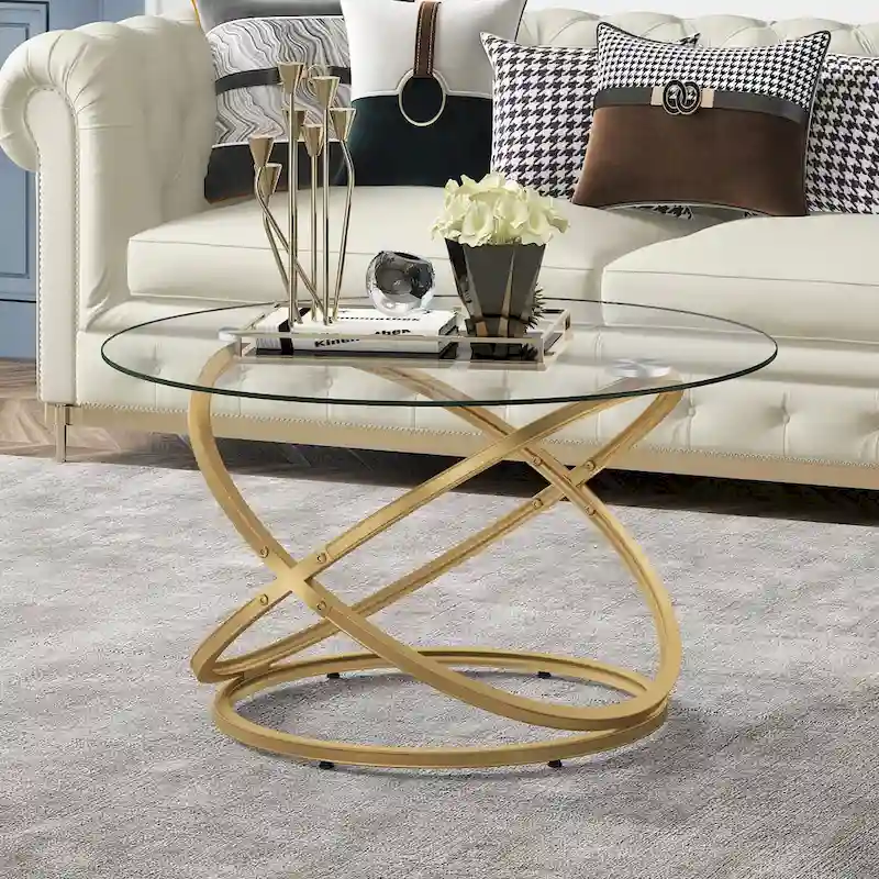 Myhozm Accent Round Glass/Stone Top Coffee Table with Metal Base