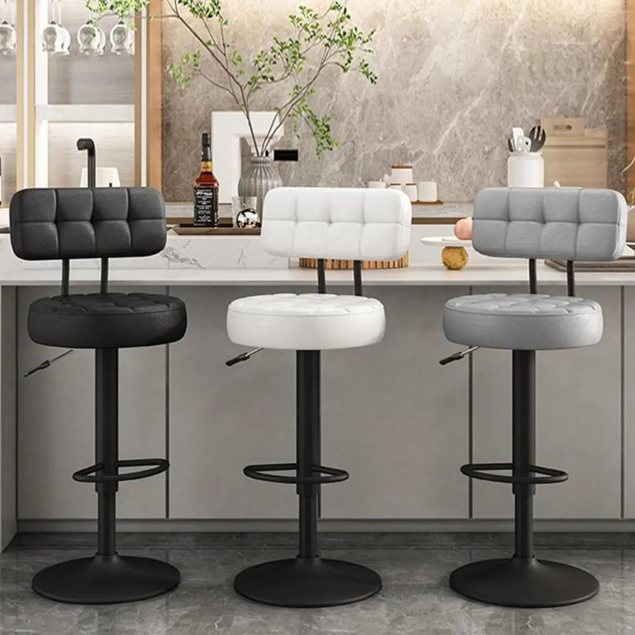 Leather Upholstered Adjustable Swivel Bar Stools