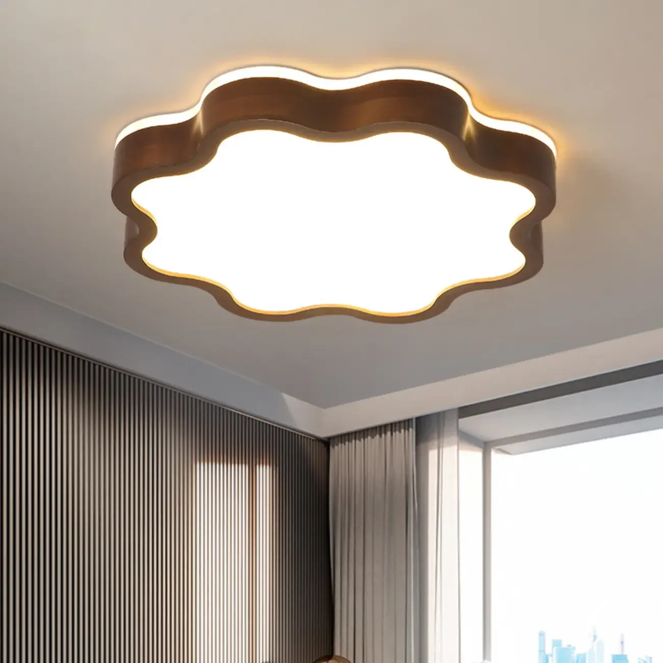 Walnut Wood Floral LED Flush Mount Ceiling Light