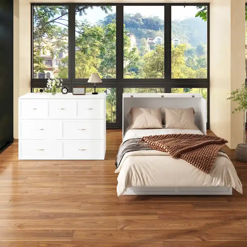 Modern Wood Full Murphy Bed Chest in White Finish Dresser 2-1 Cabinet