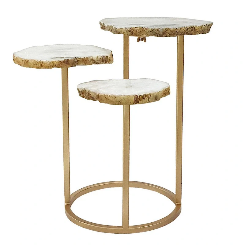 3-Tier Accent Side Table with Agate Top and Iron Base, 18 Inch
