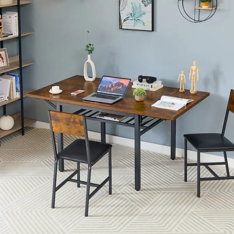 Modern Industrial 63.2  Extendable Dining Table w/Drop Leaf, Seats 6