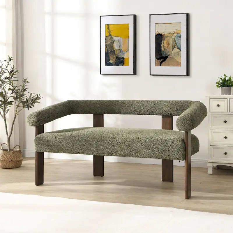 Round Armrest Loveseat | Rubber Wood Frame, 2-Seat Sofa, Living Room Accent