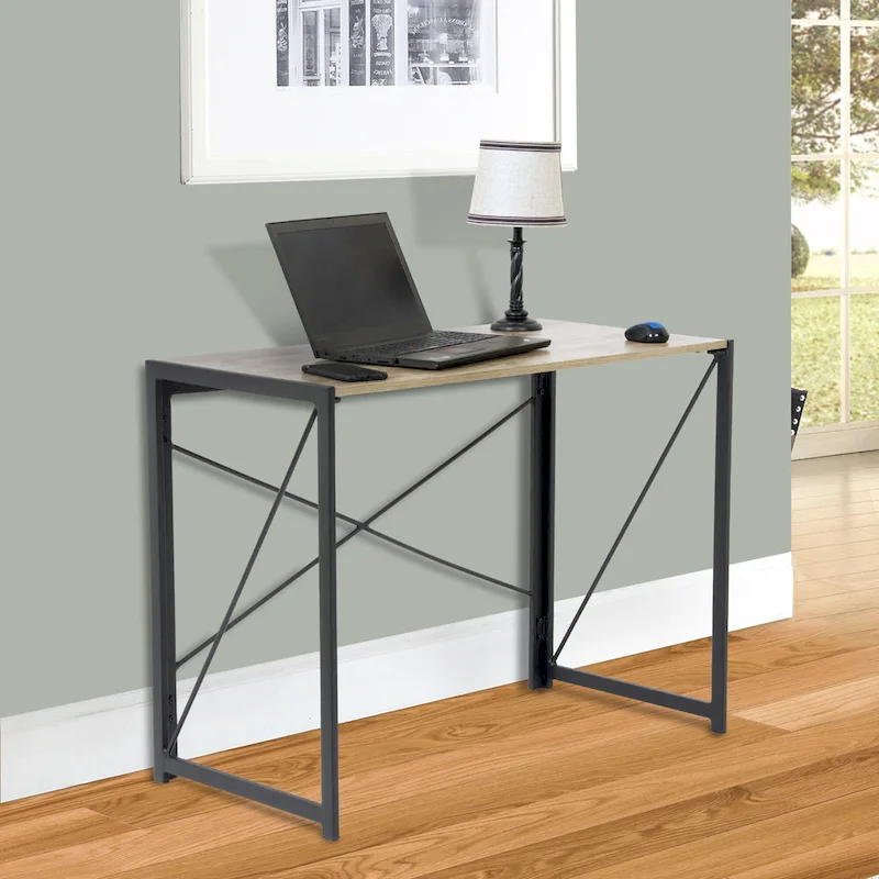 Grey Wood Finish No-Tool Writing Desk with Metal Legs and Oak Laminate Top – 1-Person