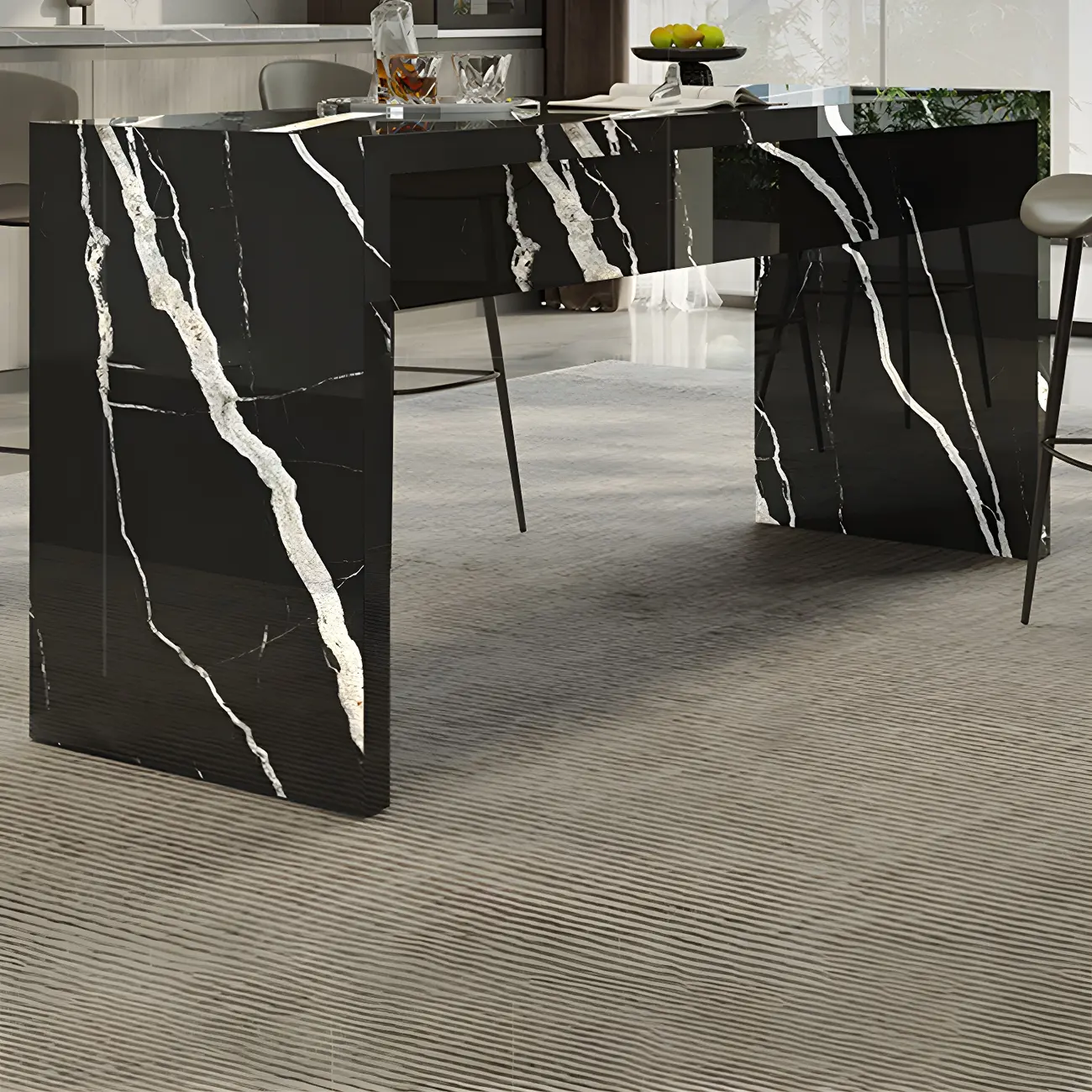 Elegant Black Marble Double Pedestal Bar Table