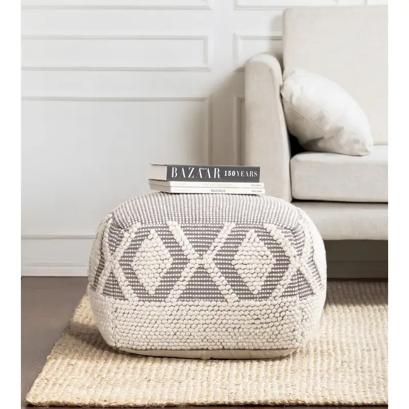 Handmade Square Pouf Ottoman 22x22x16 Gray Ivory Footrest Living Room