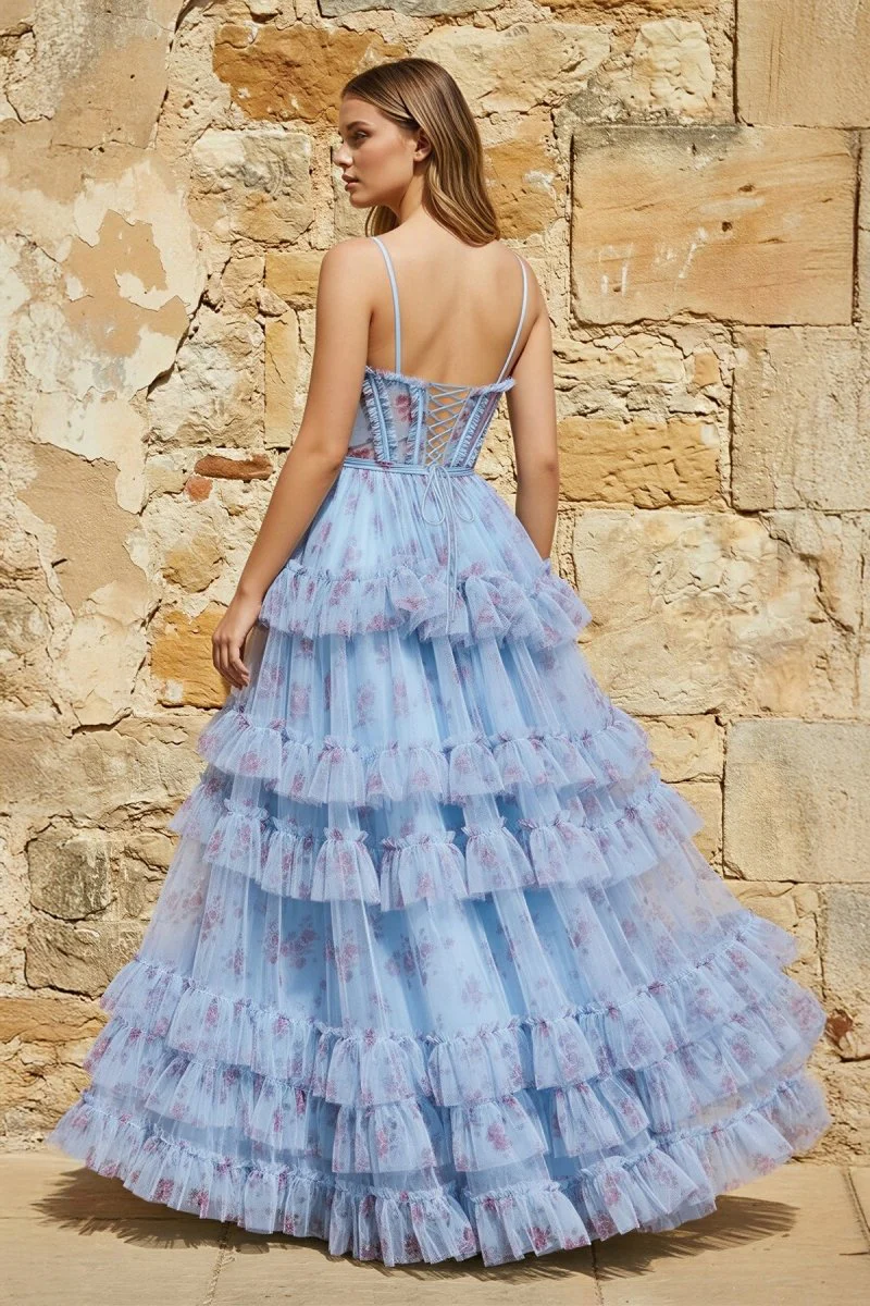 A-Line Blue Floral Corset Tulle Ruffles Long Prom Dresses