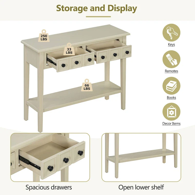 38.2 Rustic Console Table with Open Shelf and Three Drawers, Rubber Wood Legs