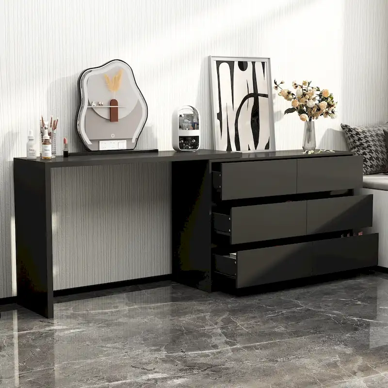 White/Black 6-Drawer Rotating Dresser & Desk Combo, 1-Person