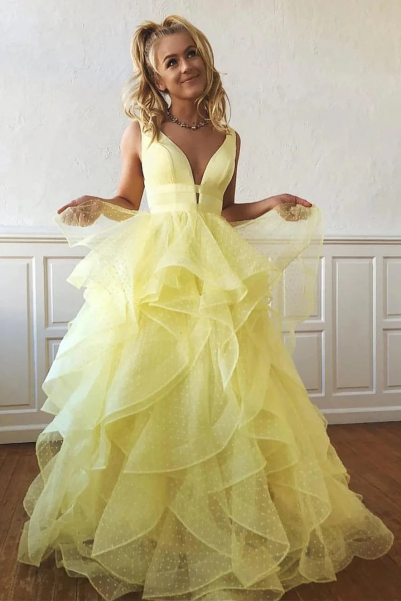 A-line V Neck Cascading Ruffles Long Prom Dress