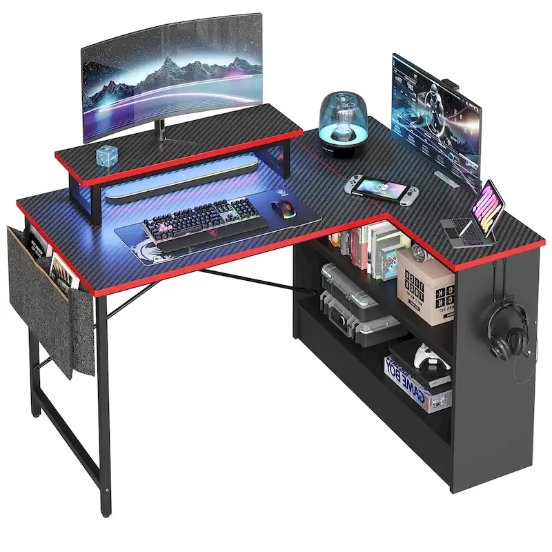 42  Gaming Desk Reversible L Shaped Desk with LED Monitor Stand Storage Shelves and Bag
