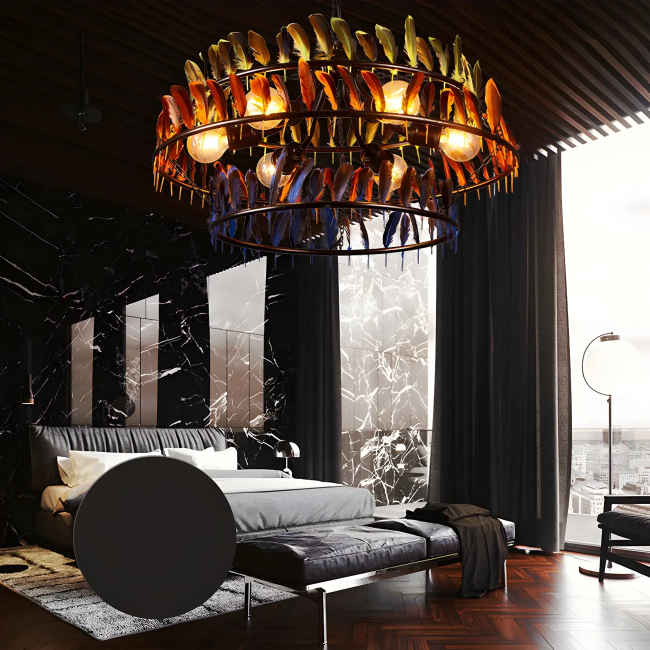 Art Deco 2-Tier Feather Hoop Chandelier with Adjustable Chain