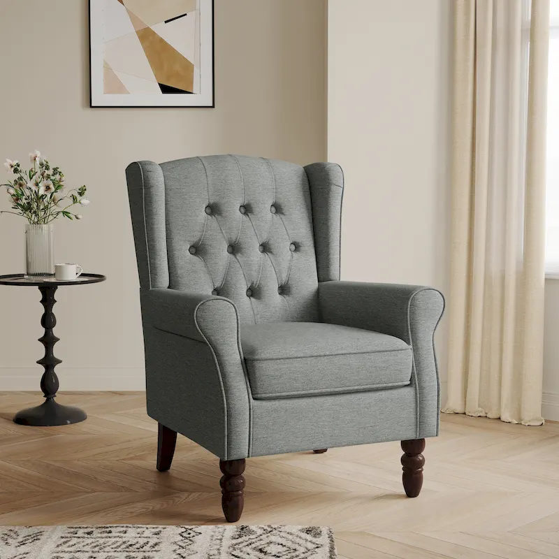 Button-Tufted Wingback Accent Chair – Beige / Gray / Brown / Green / Blue, Single Seat