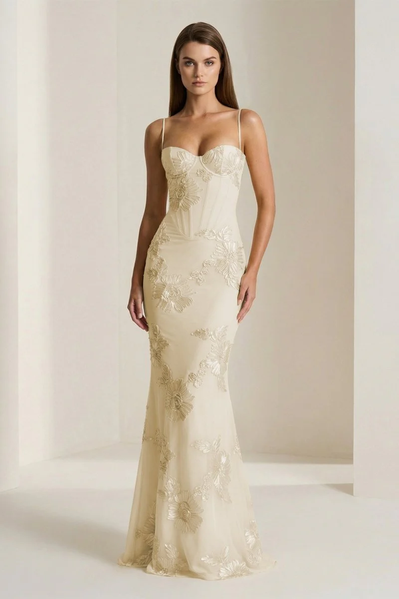 Yellow Spaghetti Straps Sheath Long Prom Dresses With Floral Embroidery