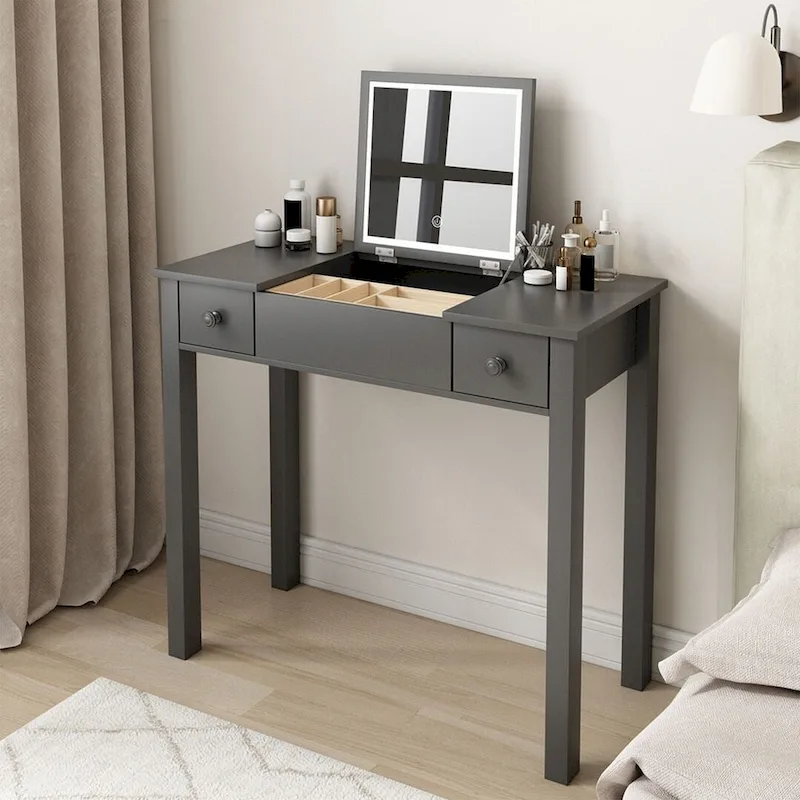 Grey/White Flip Mirror Vanity Desk with LED Lights – 1-Person