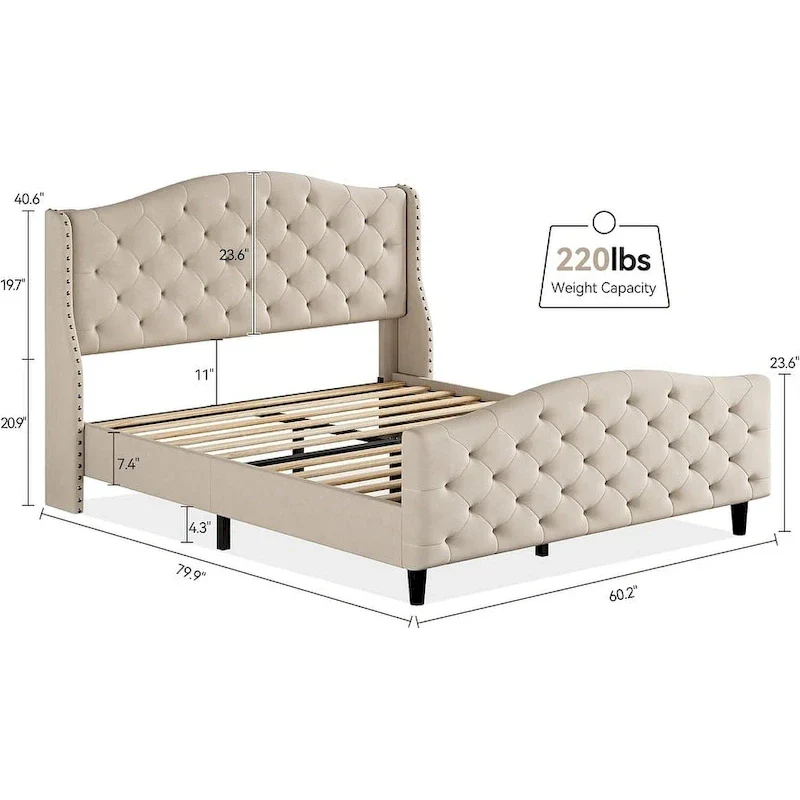 Bed Frame, Wingback Upholstered Button Tufted Headboard, No Box Spring Needed, Load Up to 800Lbs
