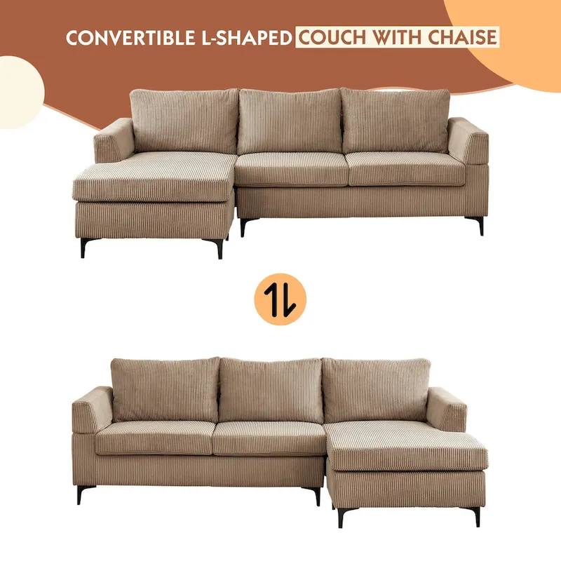 HOOOWOOO Living Room L-Shaped Polyester Fabric Reversible Chaise Sofa