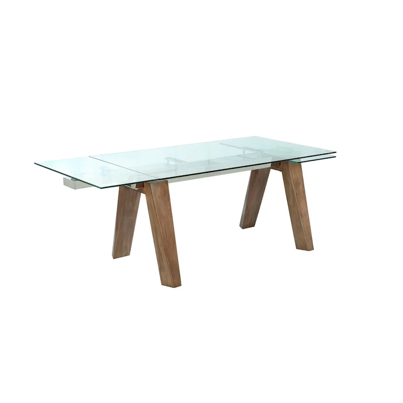Somette Modern Dining Table with Extendable Glass Top & Solid Wood Legs
