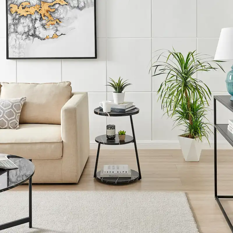 Skylar Round 3-Tier Side Accent Table with Raised Lip Edge Tabletop and Midcentury Modern Metal Asymmetric Pedestal Legs