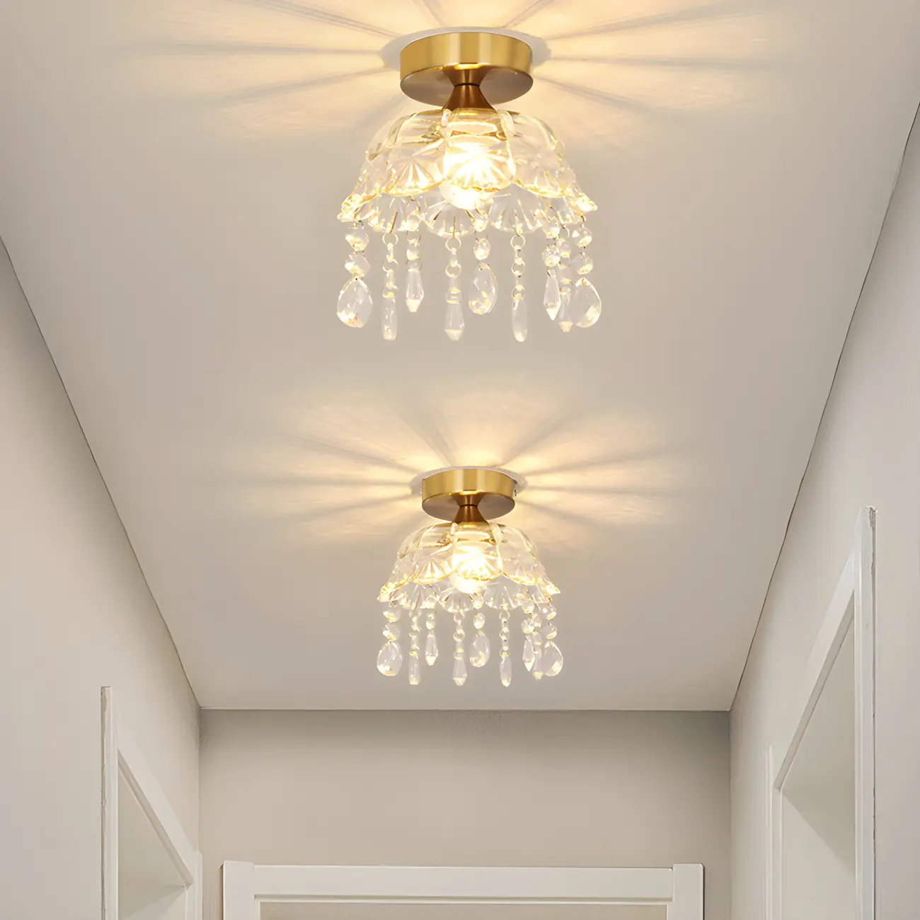 Elegant Golden Crystal Flower Dome Semi Flush Ceiling Light