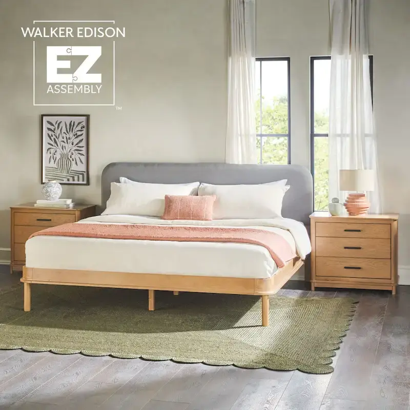Walker Edison Solid Wood King Bed with Curved Upholstered Headboard