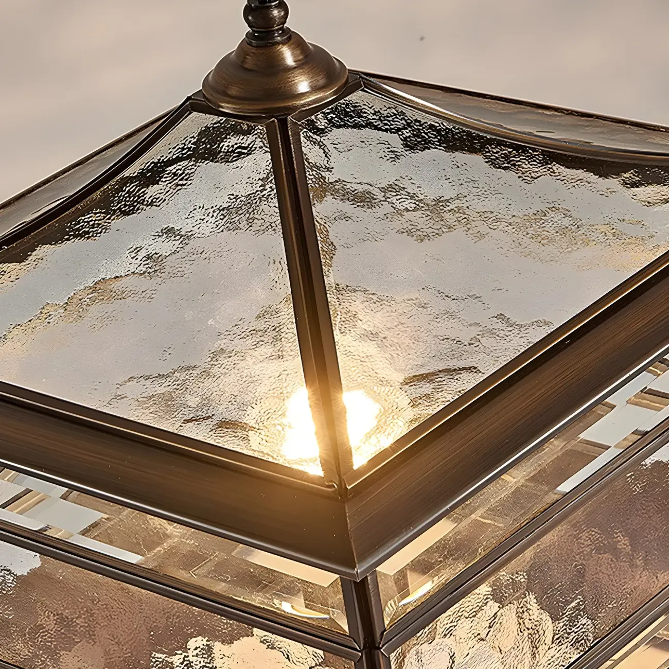 Brass Square Metal Glass Palace-Shape Wired Post Cap Light