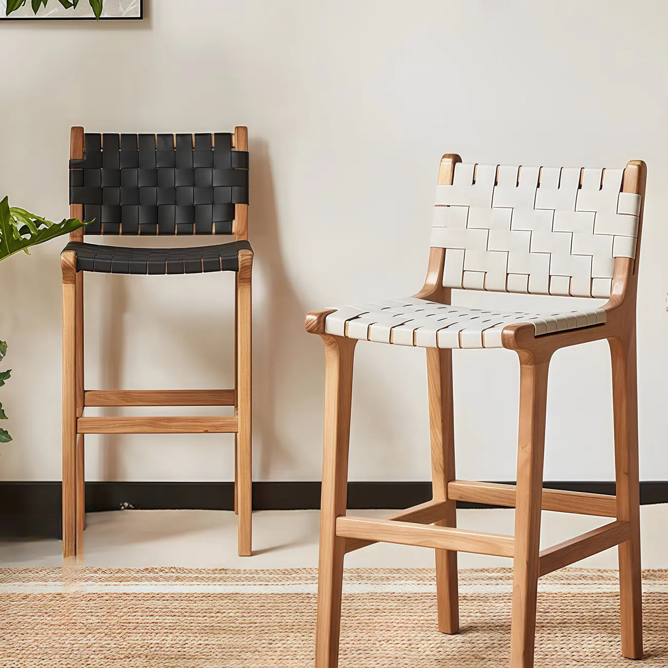 Modern Square Rattan Seat Counter Height Stools with Back
