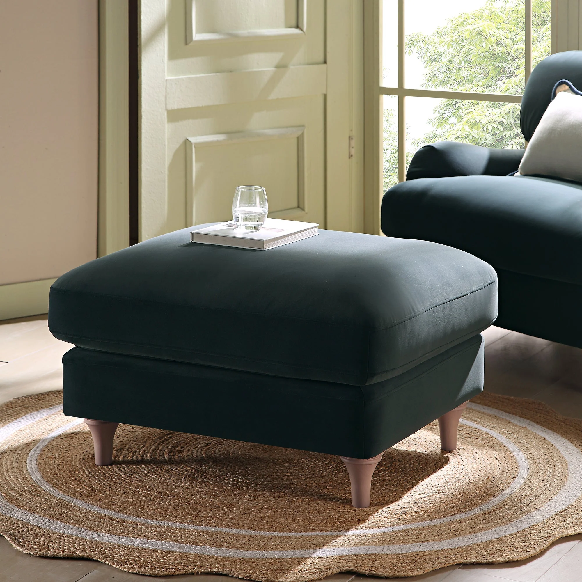 Aegean Blue Velvet Sofa, Footstool