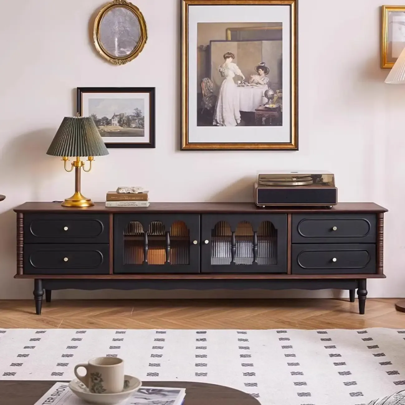Cable Management Art Deco Wood TV Stand with Drawers