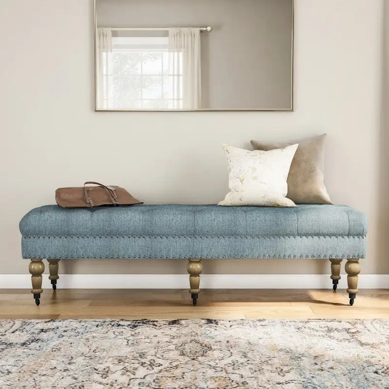 62-inch Tufted Light Blue Bench