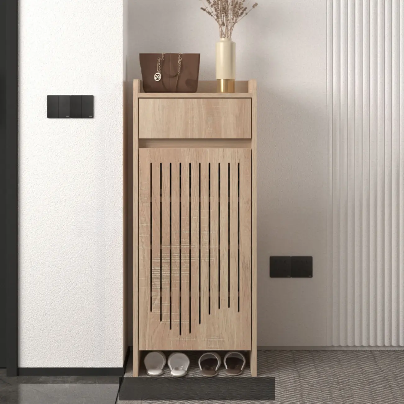 Modern Slim Wood Beige Entryway Shoe Cabinet