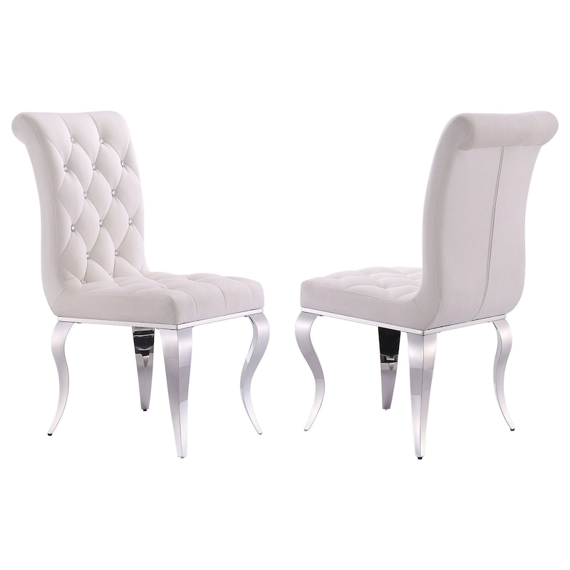 Velvet Upholstered Chairs with Crystal Decor Button Tufted back and Mirror metal Cabriole Legs