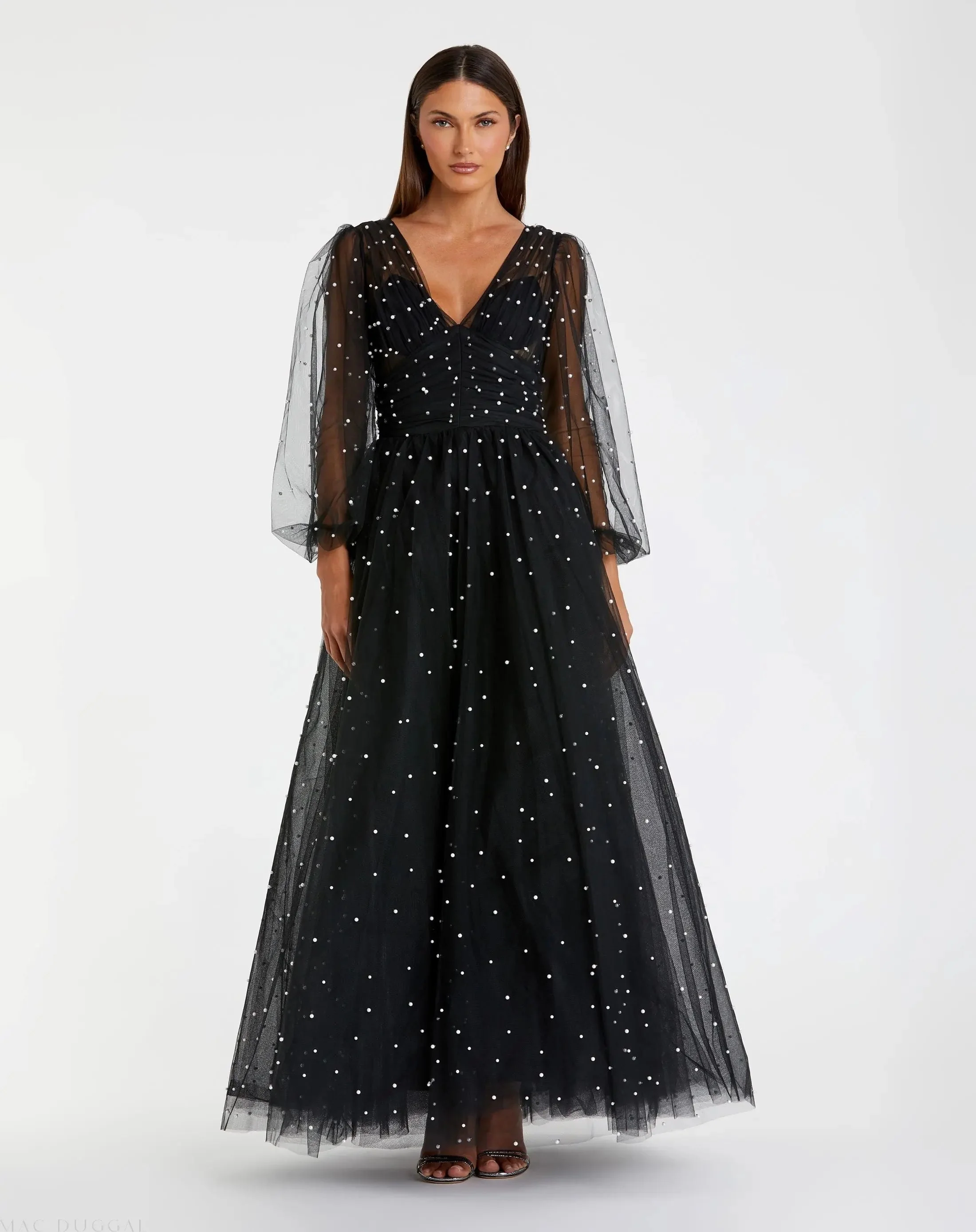 Black Long Sheer Sleeve Draped Pearl Beaded Gown