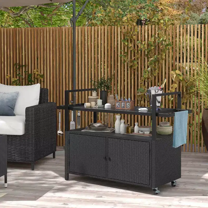 Costway Outdoor Bar Cart with Tempered Glass Top Storage Cabinet & 8 Hooks for Porch