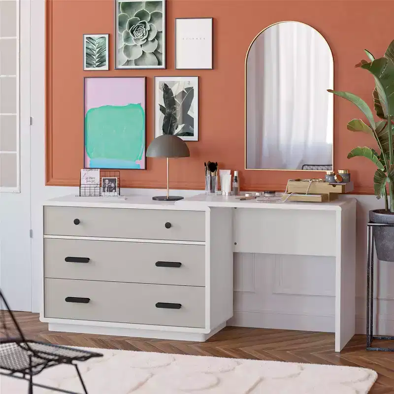 GDFStudio Valencia 3 Drawer Wood Dresser Desk Combo with Storage