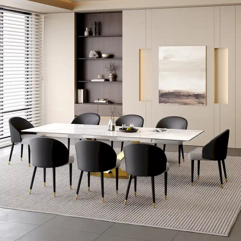 9 - Piece 94.48  Rectangular Extendable Sintered Stone Dining Table with 8 Faux leather Chairs Dining Set